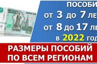 Размеры пособий от 3 до 7 лет и от 8 до 17 в 2022 году по всем регионам